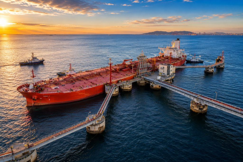 Tanker berthed at an offshore loading jetty